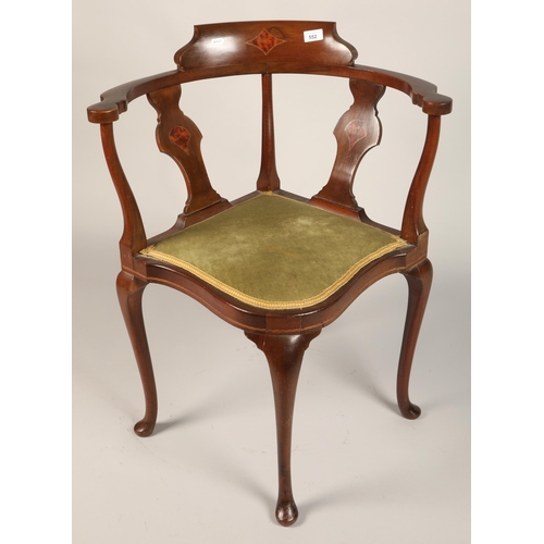 552 - Inlaid mahogany corner chair with green upholstery