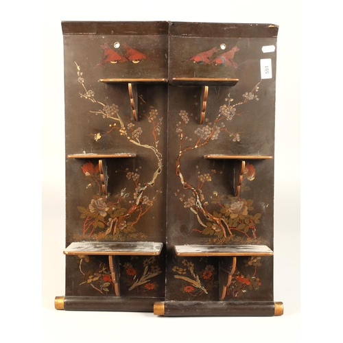 591 - Two Japanese lacquer style whatnot shelves, 57cm x 25.5cm