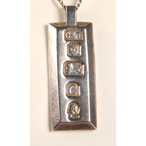 104 - hallmarked silver ingot on chain, weight 18.8 grams