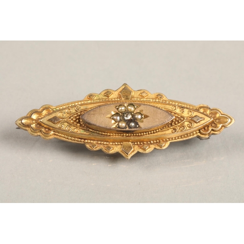 80 - 9ct gold gem and seed pearl set mourning brooch, and hallmarked silver enamelled brooch (2)