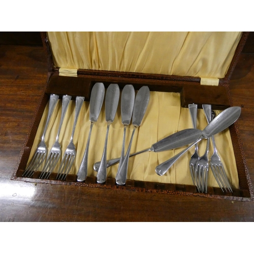 25 - Set of six epns fish knives and forks, cased, various ep cake baskets, galleried tray, biscuit barre... 