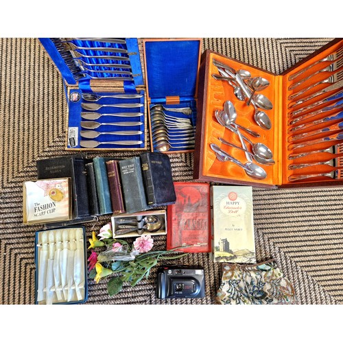 369 - Assorted vintage bibles, Minolta FS35 35mm camera, cased plated cutlery, Happy Dolls Character Doll ... 