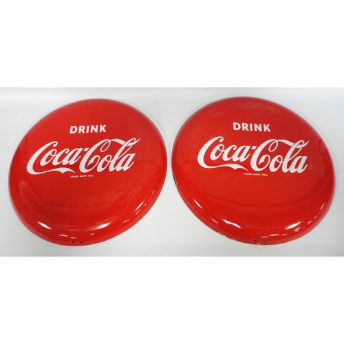 303 - Pair of Coca-Cola vintage enamel button signs, c. mid-20th century, 'Drink Coca-Cola', trade mark re... 