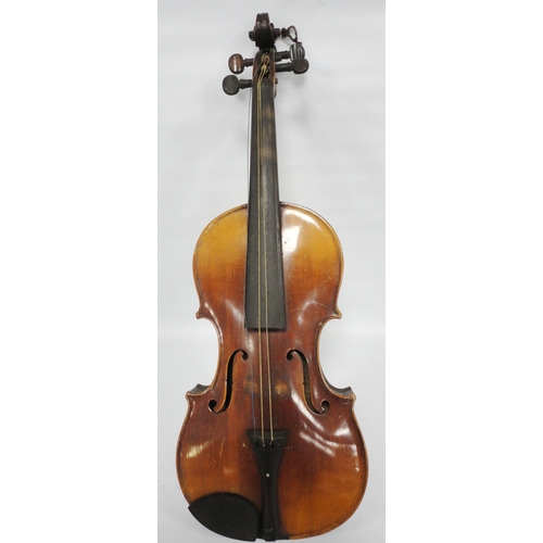 255 - Antique two-piece violin and bow, stamped Tourte to the bow, the ebony frog piece inlaid with mother... 