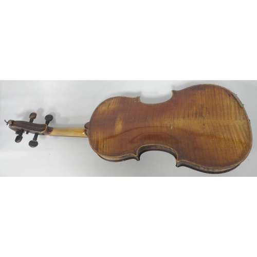 255 - Antique two-piece violin and bow, stamped Tourte to the bow, the ebony frog piece inlaid with mother... 