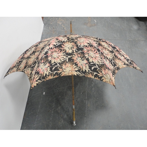 305 - Late Victorian parasol, the pommel inscribed 'Isa Bramwell - Tynemouth', with scroll silver mount, s... 