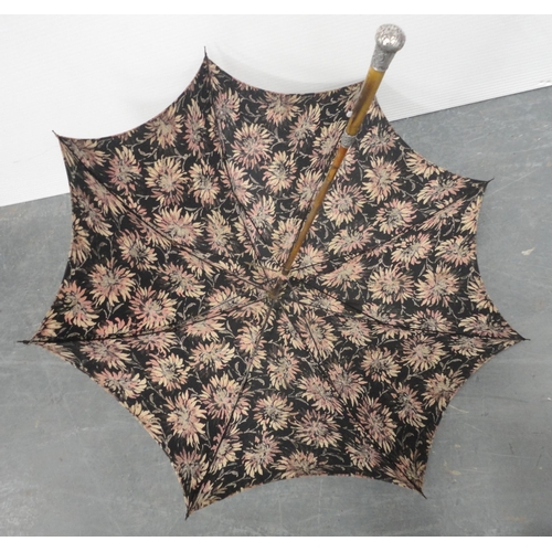 305 - Late Victorian parasol, the pommel inscribed 'Isa Bramwell - Tynemouth', with scroll silver mount, s... 