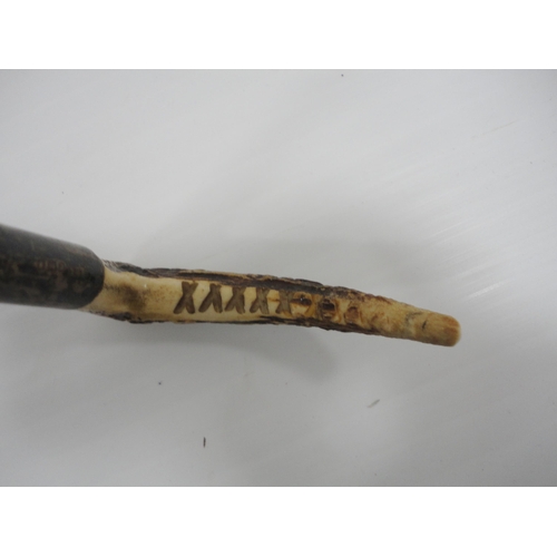 306 - Bamboo and antler-handled walking cane with graduation for measuring the height of horses, 94cm, a r... 