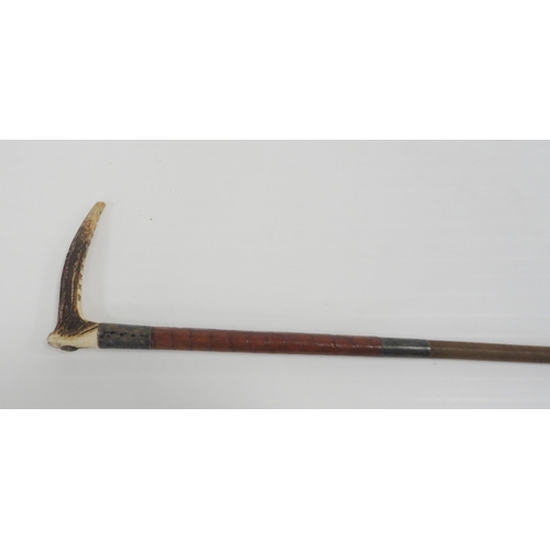 306 - Bamboo and antler-handled walking cane with graduation for measuring the height of horses, 94cm, a r... 