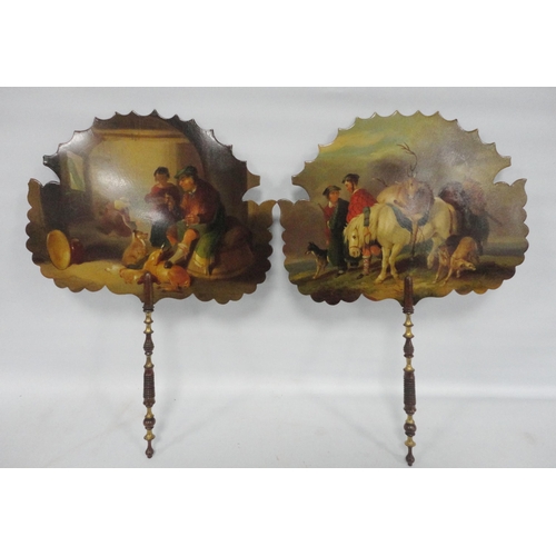 307 - Pair of Victorian papier-mâché painted walnut and giltwood face screens, one depicting the return fr... 