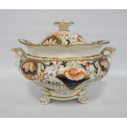 237 - Group of Derby-style 19th century teawares in the Imari palette comprising a cabinet cup and two sau... 