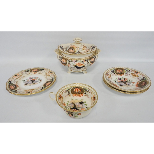 237 - Group of Derby-style 19th century teawares in the Imari palette comprising a cabinet cup and two sau... 