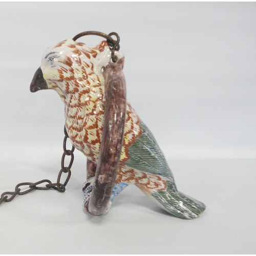 238 - Dutch Delft model of a parrot on a ring perch, c. late 18th/early 19th century, glazed in rich polyc... 