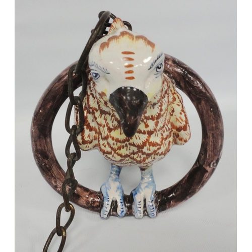 238 - Dutch Delft model of a parrot on a ring perch, c. late 18th/early 19th century, glazed in rich polyc... 