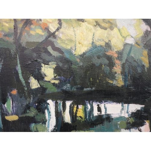 392 - Contemporary SchoolAbstract woodland sceneInitialled SM to lower left, oil on board, 46cm x 76.5cm.... 