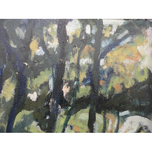 392 - Contemporary SchoolAbstract woodland sceneInitialled SM to lower left, oil on board, 46cm x 76.5cm.... 