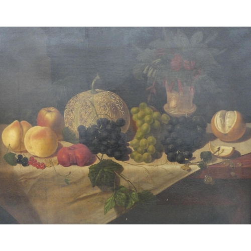 393 - RR Gunning (British)Still life of fruit with flowers in a vase to the backgroundSigned, oil on canva... 