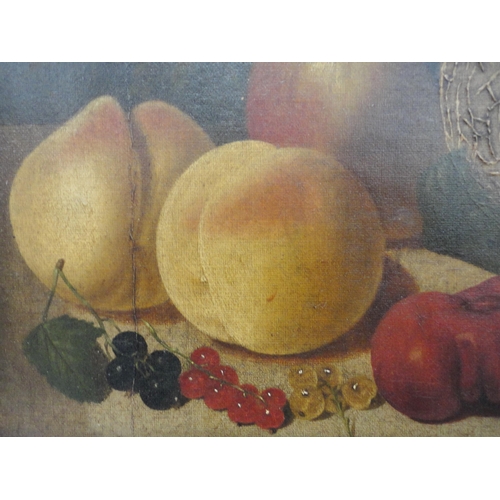 393 - RR Gunning (British)Still life of fruit with flowers in a vase to the backgroundSigned, oil on canva... 