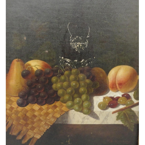 394 - RR Gunning (British)Still life of fruit with bottle to the backgroundSigned lower right, oil on canv... 