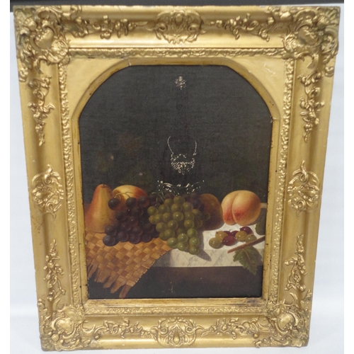 394 - RR Gunning (British)Still life of fruit with bottle to the backgroundSigned lower right, oil on canv... 