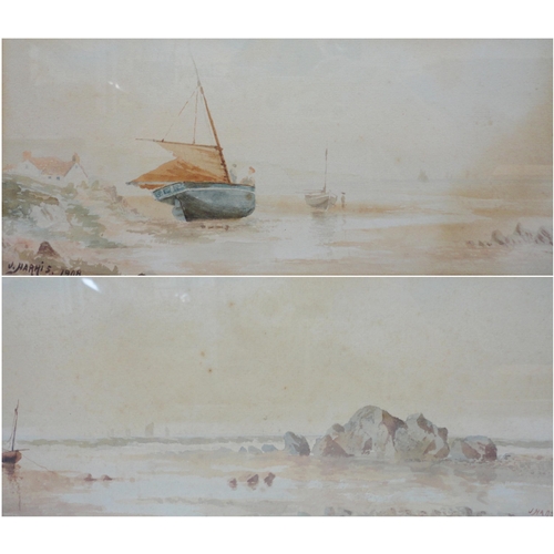 396 - J Harris (British)Tending the boats, and a companionSigned and dated 1908, watercolour, 12.5cm x 28.... 