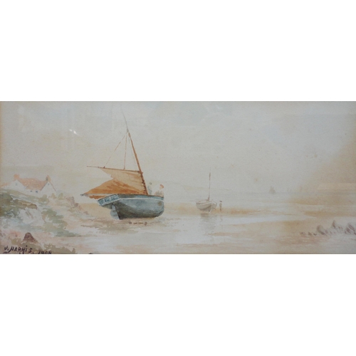 396 - J Harris (British)Tending the boats, and a companionSigned and dated 1908, watercolour, 12.5cm x 28.... 