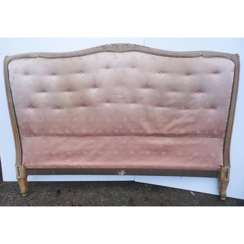 462 - French painted double bed with pink padded button back to each end, foliate appliques to the frame, ... 