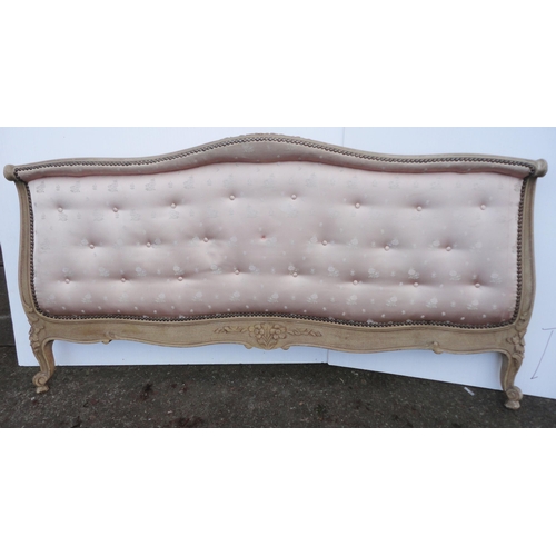 462 - French painted double bed with pink padded button back to each end, foliate appliques to the frame, ... 