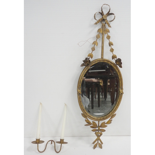 418 - Gilt metal girandole wall mirror in the 18th century style, with a floral and ribbon surmount and ga... 