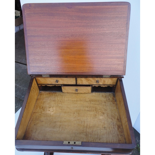 463 - Victorian mahogany davenport, the hinged desk stand above a flap enclosing bird's eye maple-lined dr... 