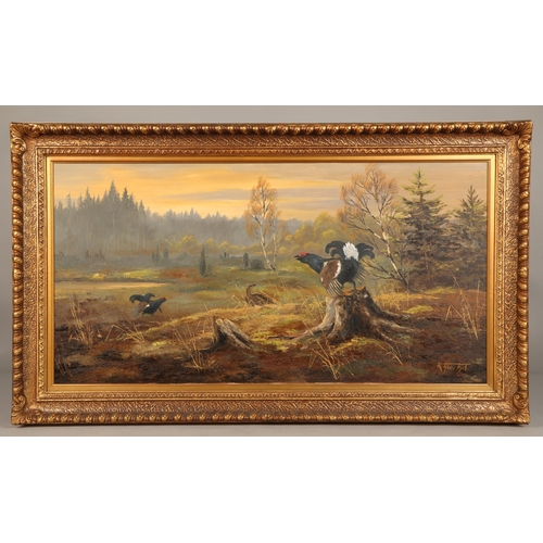 472 - R. Hirchel (20th Century)Gilt framed oil on canvas - signed'Game in a Woodland'39cm x 77cm... 