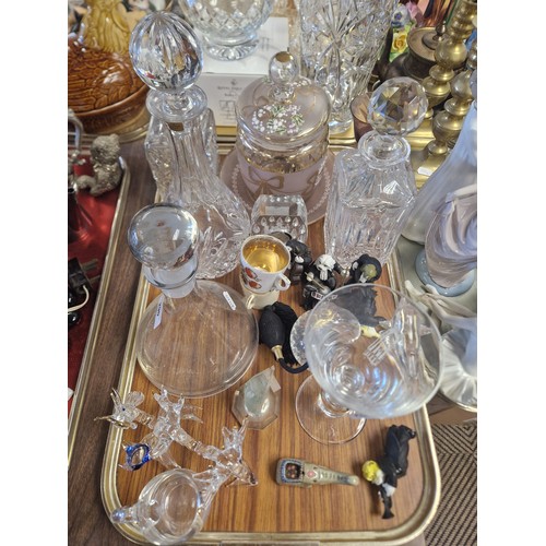 290 - Crystal decanters, musical animal figures, Caithness glass, Waterford Crystal miniature mantel clock... 