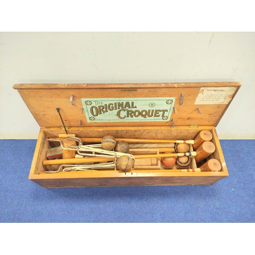 400 - The Original Croquet set by F.H Ayres - London, Housing mallets, balls etc, with original label to t... 