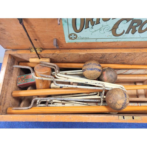 400 - The Original Croquet set by F.H Ayres - London, Housing mallets, balls etc, with original label to t... 