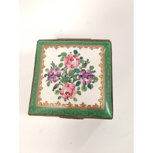 319 - 19th century Continental enamel box with cover, of square form and decorated with colourful floral s... 