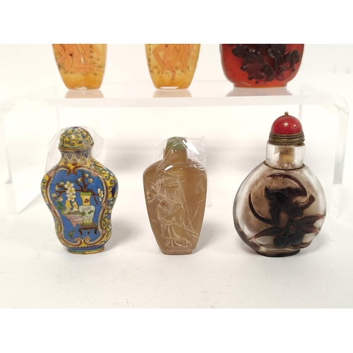 363 - Group of six Chinese glass snuff bottles, to include Cloisonne and overlaid examples, and a pair bea... 