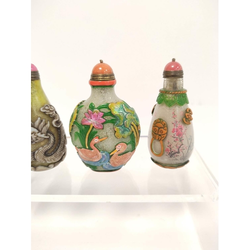 364 - Group of seven Chinese glass snuff bottles, to include famille rose double gourd and overlaid exampl... 