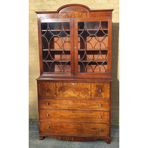 517 - Georgian mahogany secretaire bookcase, the bookcase top section with two astragal glazed doors enclo... 