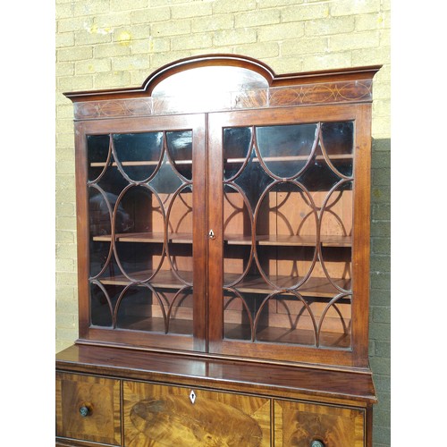 517 - Georgian mahogany secretaire bookcase, the bookcase top section with two astragal glazed doors enclo... 