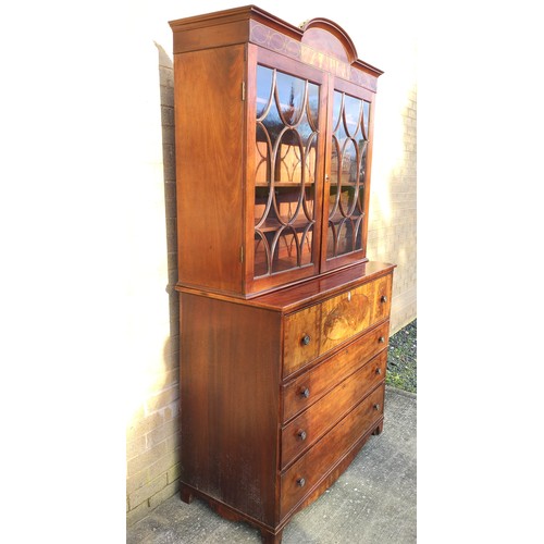 517 - Georgian mahogany secretaire bookcase, the bookcase top section with two astragal glazed doors enclo... 