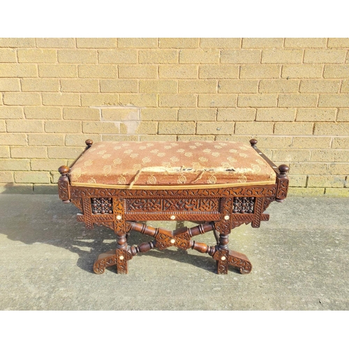 519 - Syrian carved mahogany window seat - stool, circa late 19th century, with fabric covered hinged seat... 