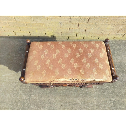 519 - Syrian carved mahogany window seat - stool, circa late 19th century, with fabric covered hinged seat... 