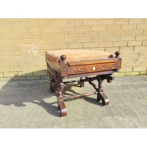 519 - Syrian carved mahogany window seat - stool, circa late 19th century, with fabric covered hinged seat... 