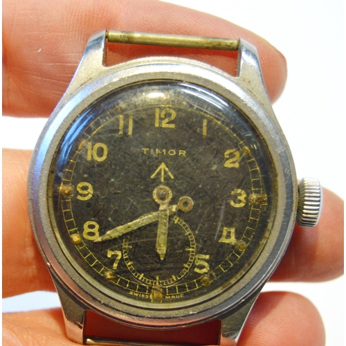 185 - WWII period 'Dirty Dozen' British military-issue manual wind watch head by Timor, in stainless steel... 