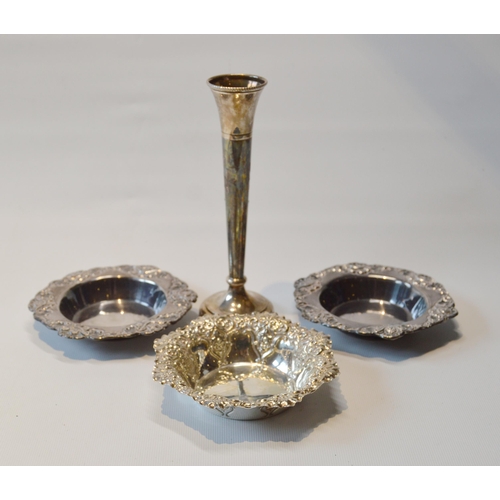 84 - Three silver bon-bon dishes (124g) and a specimen vase.  (4)