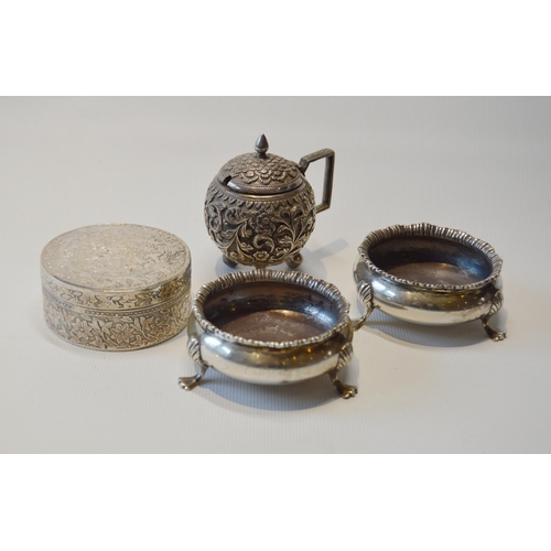 85 - Pair of silver circular salts of Georgian style, a Persian circular box and an Indian globular musta... 