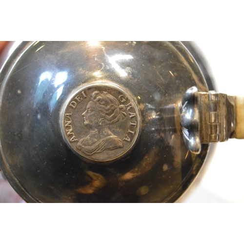 86 - Silver hot milk pot of pear shape with inset coin, 1708, by Edward, Glasgow, Britannia standard, 191... 