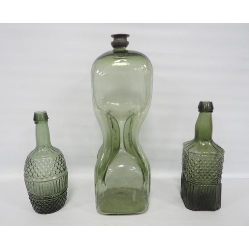 251 - 19th century green glass gurgle bottle decanter with pewter top, 35.5cm high, and two further green ... 