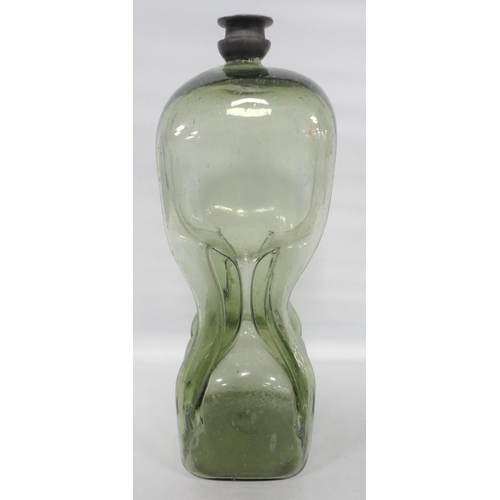 251 - 19th century green glass gurgle bottle decanter with pewter top, 35.5cm high, and two further green ... 