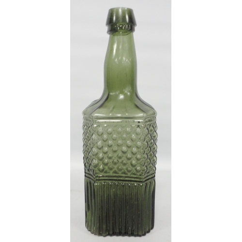 251 - 19th century green glass gurgle bottle decanter with pewter top, 35.5cm high, and two further green ... 